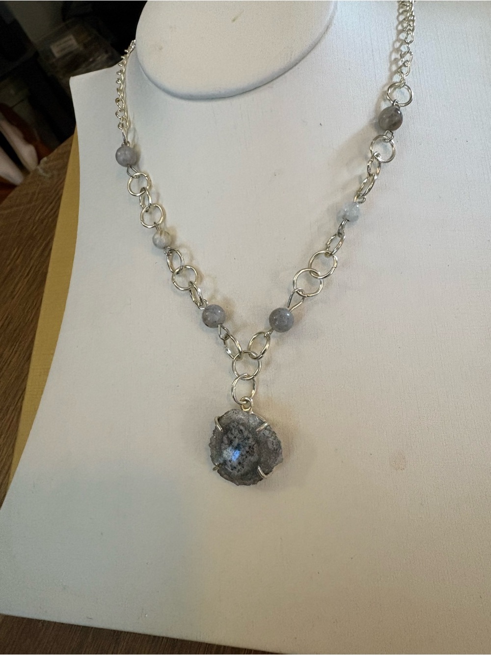 Silver-Tone Gray agate and Moonstone Pendant Necklace - Women Jewelry